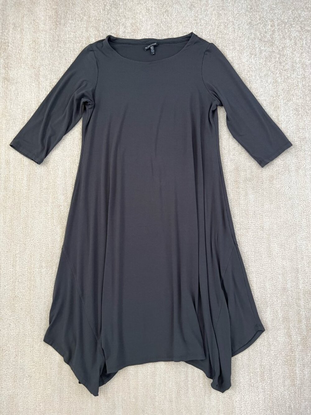 Eileen Fisher Viscose Jersey Knit Handkerchief Hem 3/4 Sleeve Gray Dress L